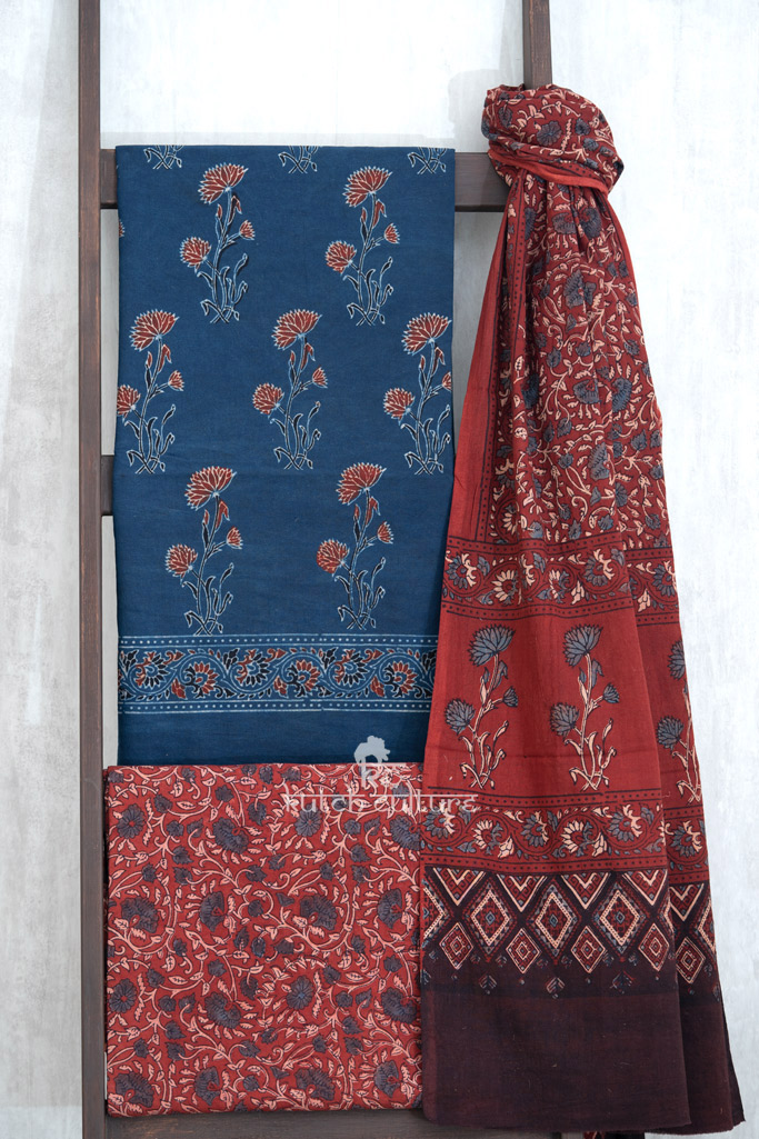 Blue and red designer unstitched cotton dress material