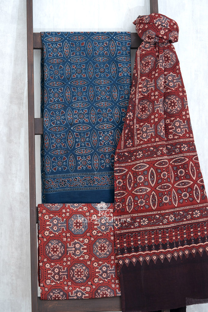 Blue and red cotton kurta pant dupatta set