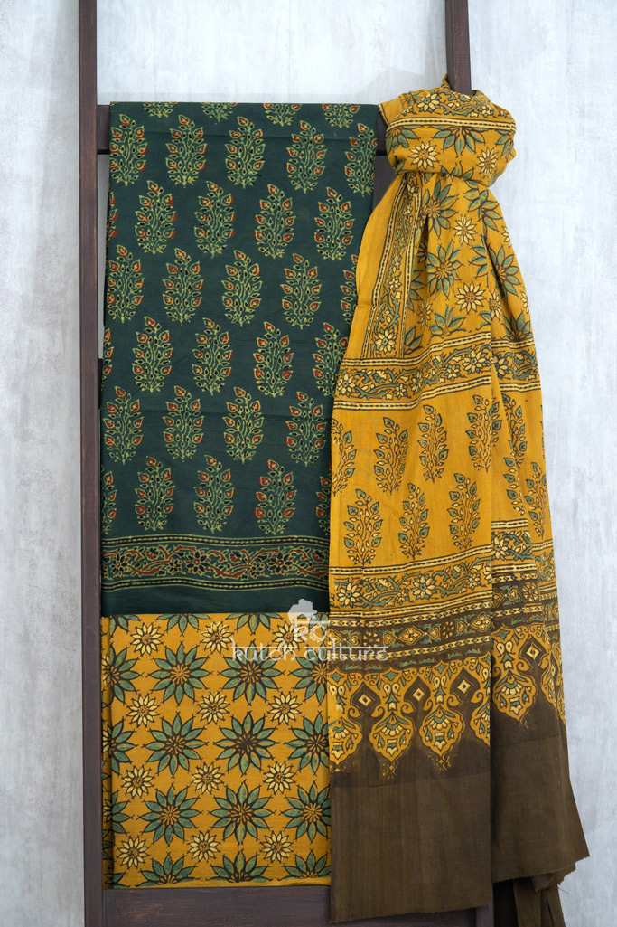 Green and yellow cotton ajrakh dress material