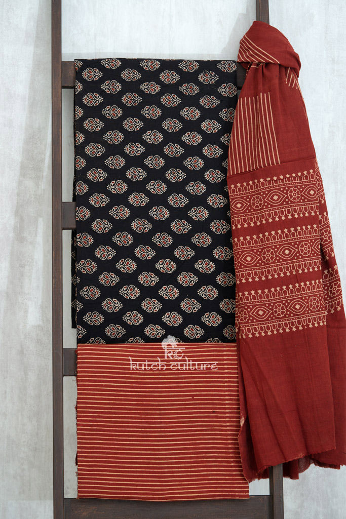 Black and red cotton kurta set with dupatta