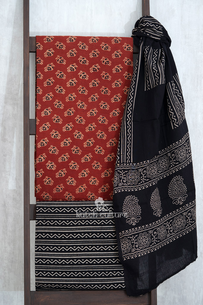 Black and red cotton dress material for women