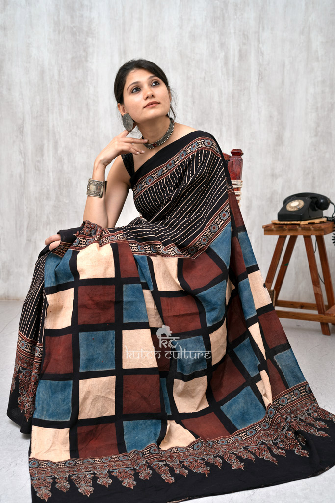 Black and crean cotton ajrakh hand block print saree