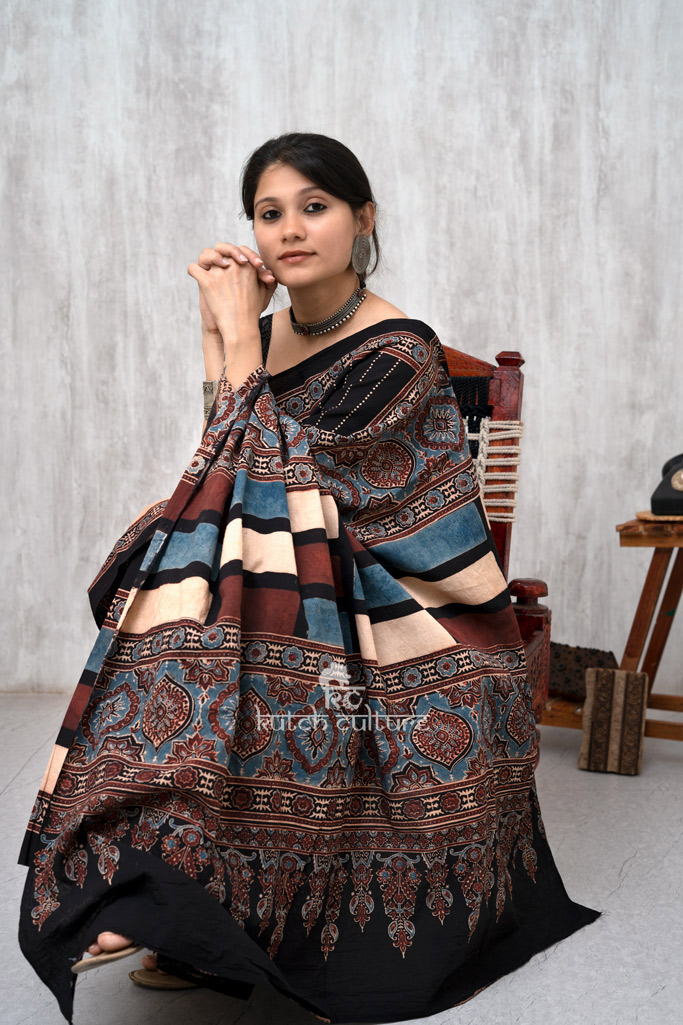 Black and marron cotton ajrakh block print saree