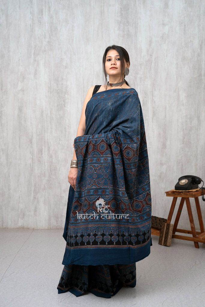 Black and blue ajrakh hand block print saree