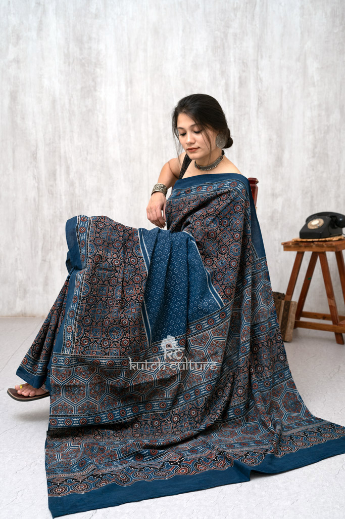 Blue and red cotton ajrakh saree