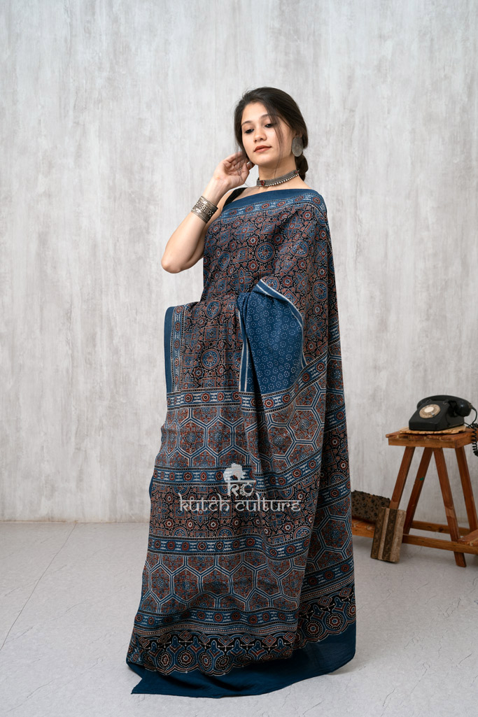 Blue and red cotton ajrakh saree