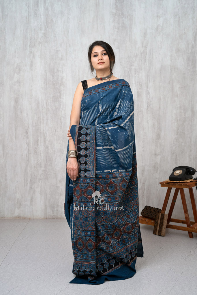 Blue and black ajrakh hand block print saree