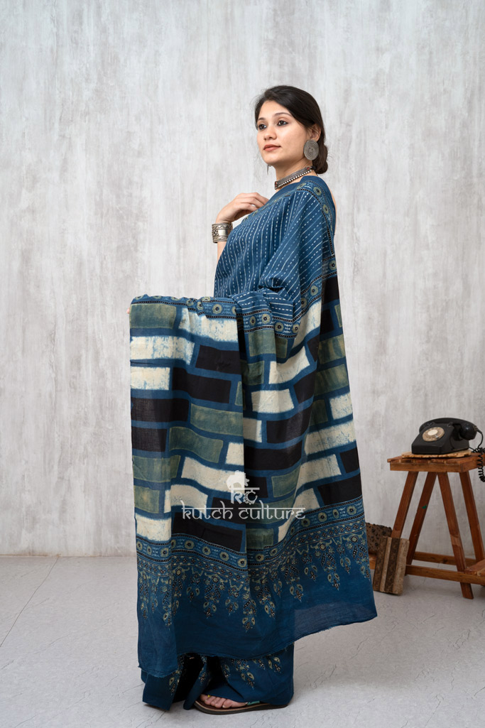 Blue and white cotton ajrakh block print saree