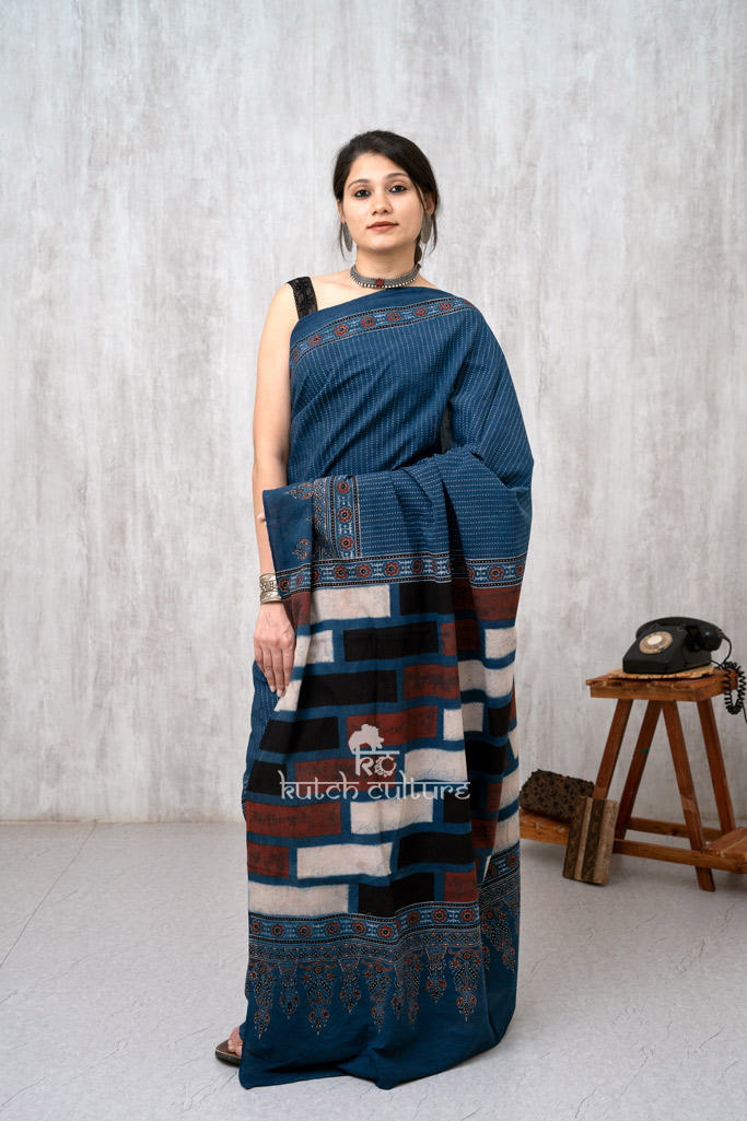 Blue and maroon designer ajrakh hand block print saree
