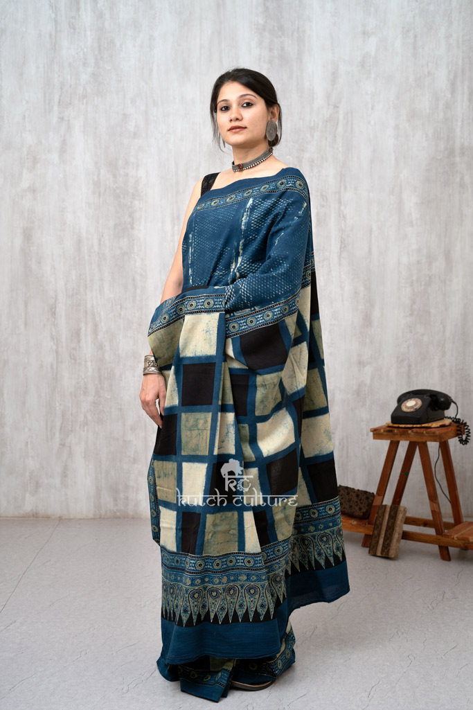 Blue and green cotton ajrakh saree
