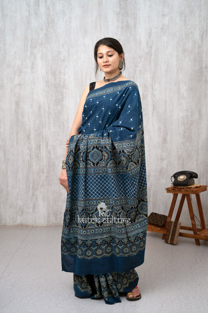 Designer blue and black cotton ajrakh saree