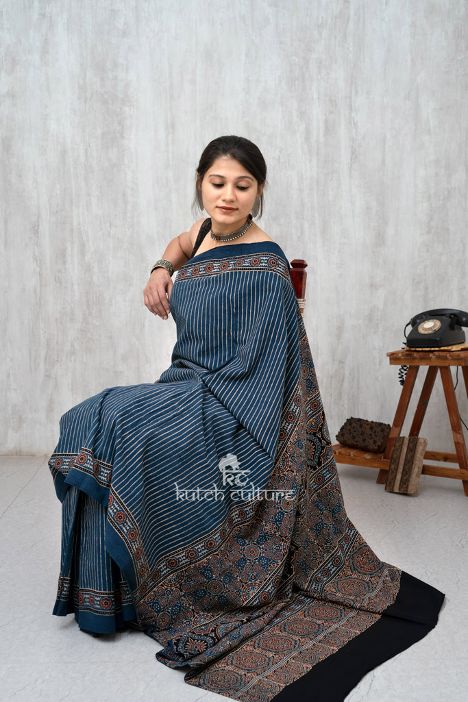 Blue and black cotton saree