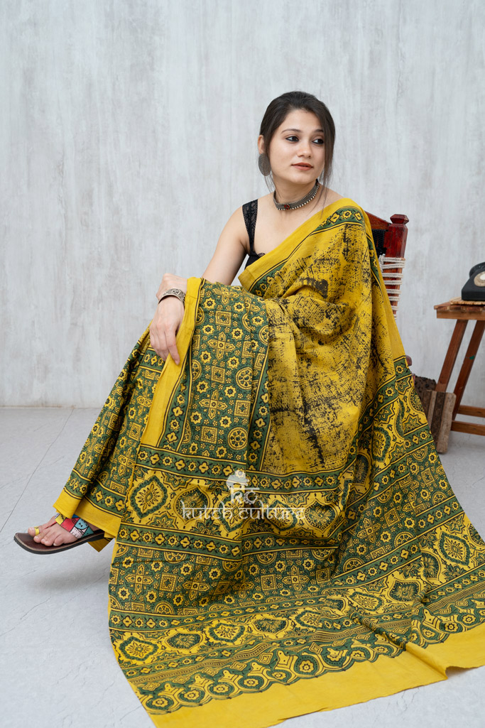 Yellow and green cotton ajrakh saree