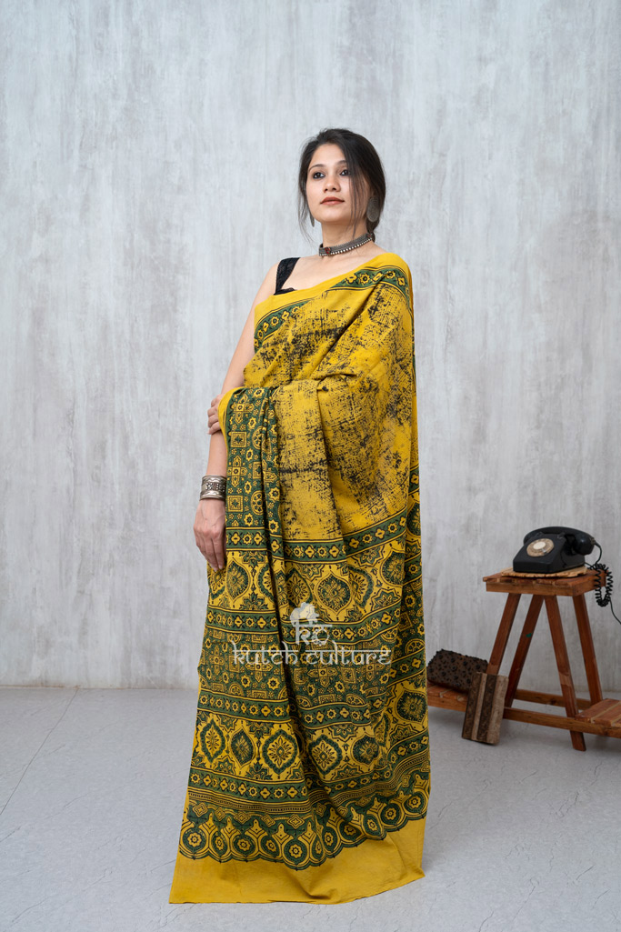 Yellow and green cotton ajrakh saree