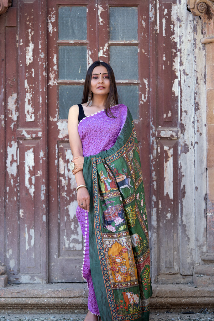 Purple chiniya silk bandhani with pichwari print saree