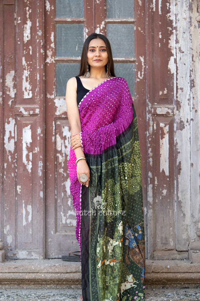 Chiniya Silk Bandhni With Pichwai Print Saree