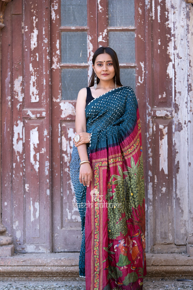 Blue and pink chiniya silk bandhani with pichwari print saree