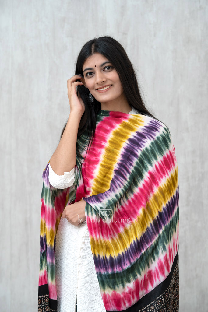 Multicolor modal silk with ajrakh hand block print stole