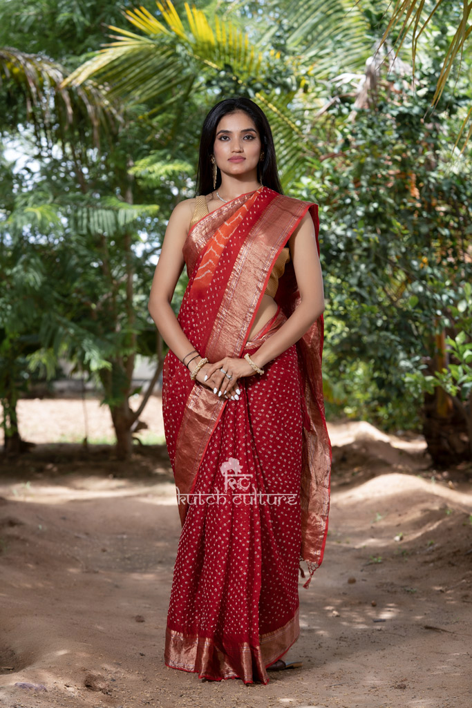 Red maheshwari silk bandhani saree