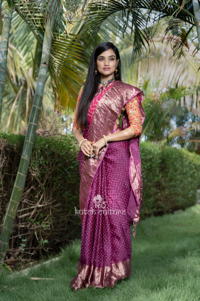 Purple maheshwari silk bandhani saree