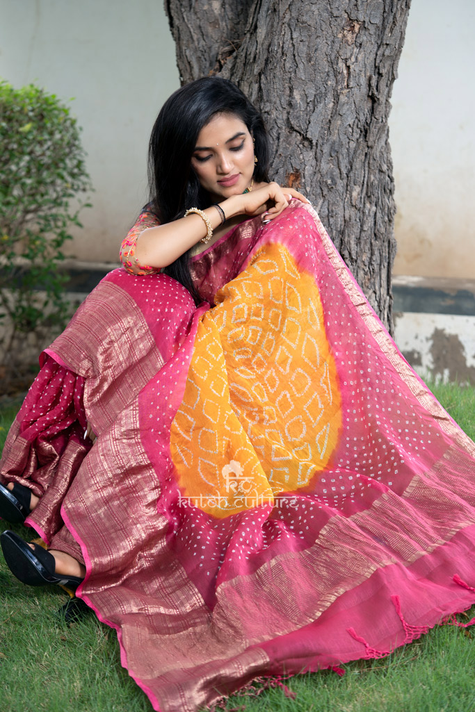 Pink and yellow maheshwari silk bandhani saree