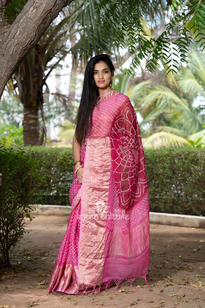 Pink Maheshwari silk pure bandhej saree