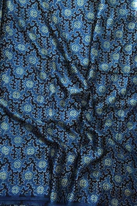 Ajrakh Hand Block Print Natural Dye Mashru Silk Fabric