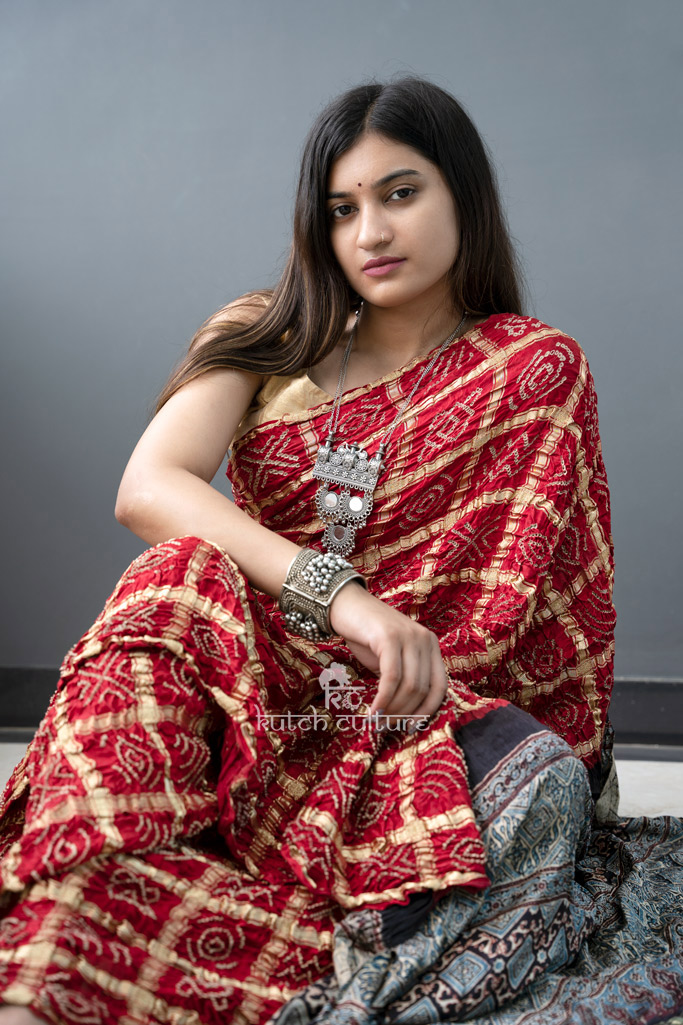 Gajii silk gharchola with ajrakh pallu saree