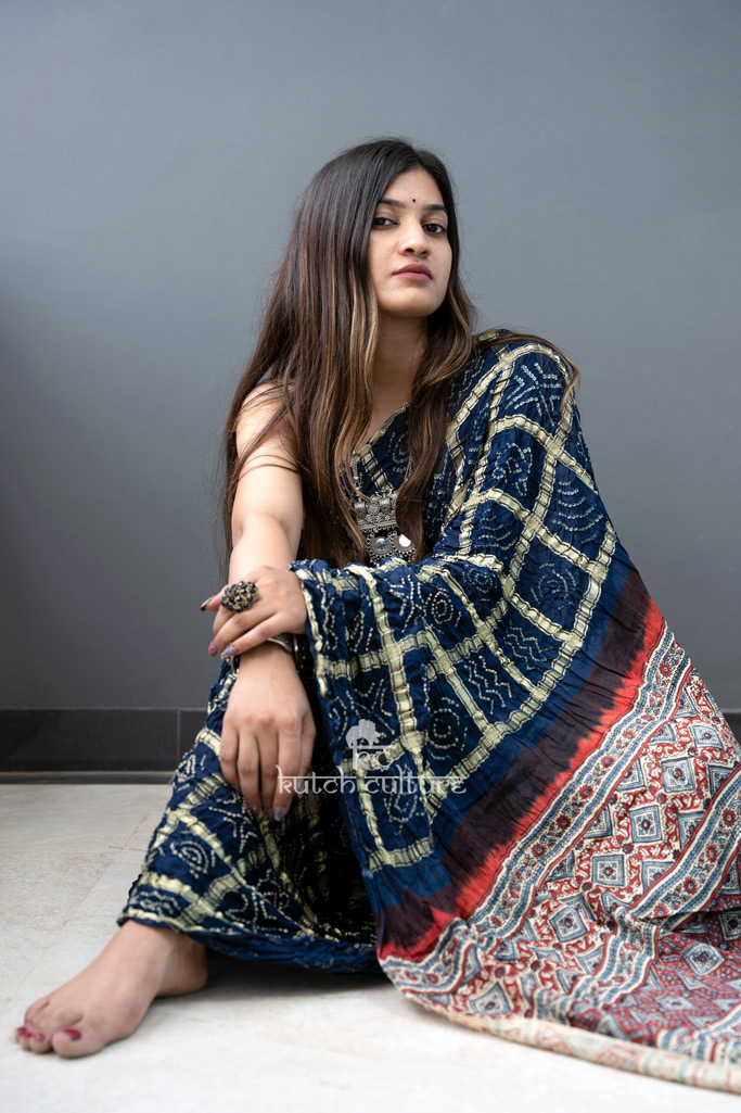 Designer gajii silk gharchola with ajrakh pallu saree