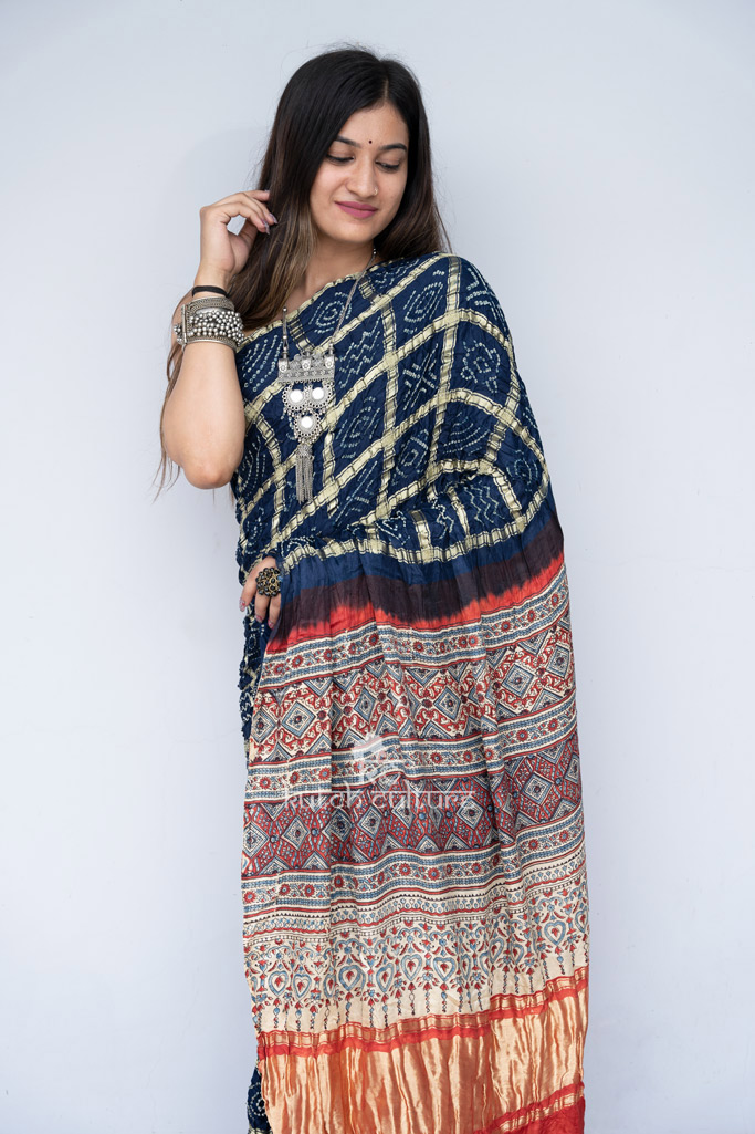 Designer gajii silk gharchola with ajrakh pallu saree