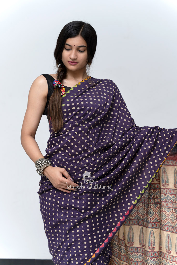Handmade gajji silk ajrakh bandhani saree