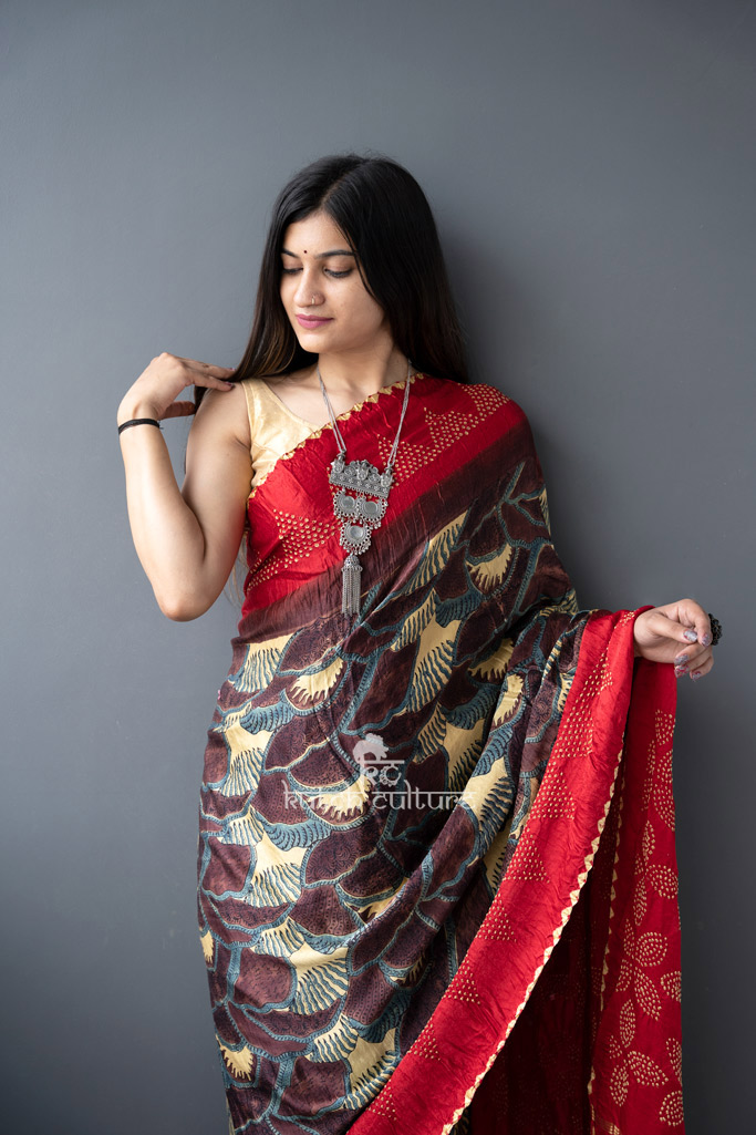 Multicolor gajji silk ajrakh bandhani saree