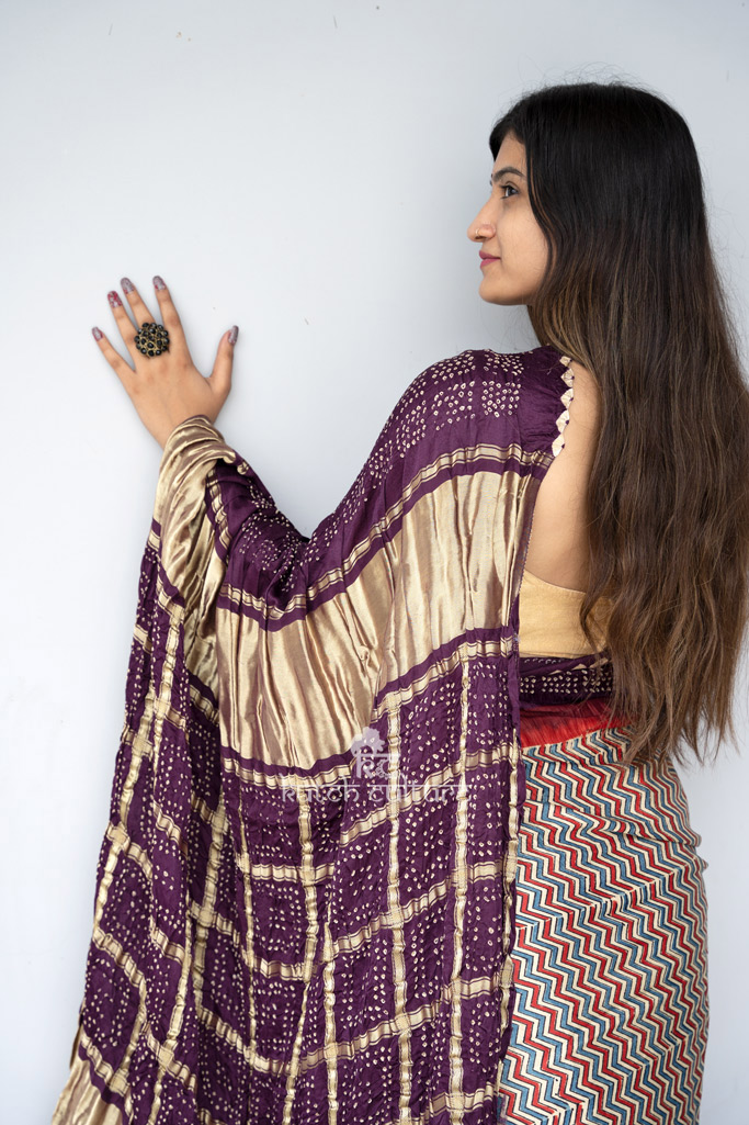 Beautiful gajji silk ajrakh bandhani saree