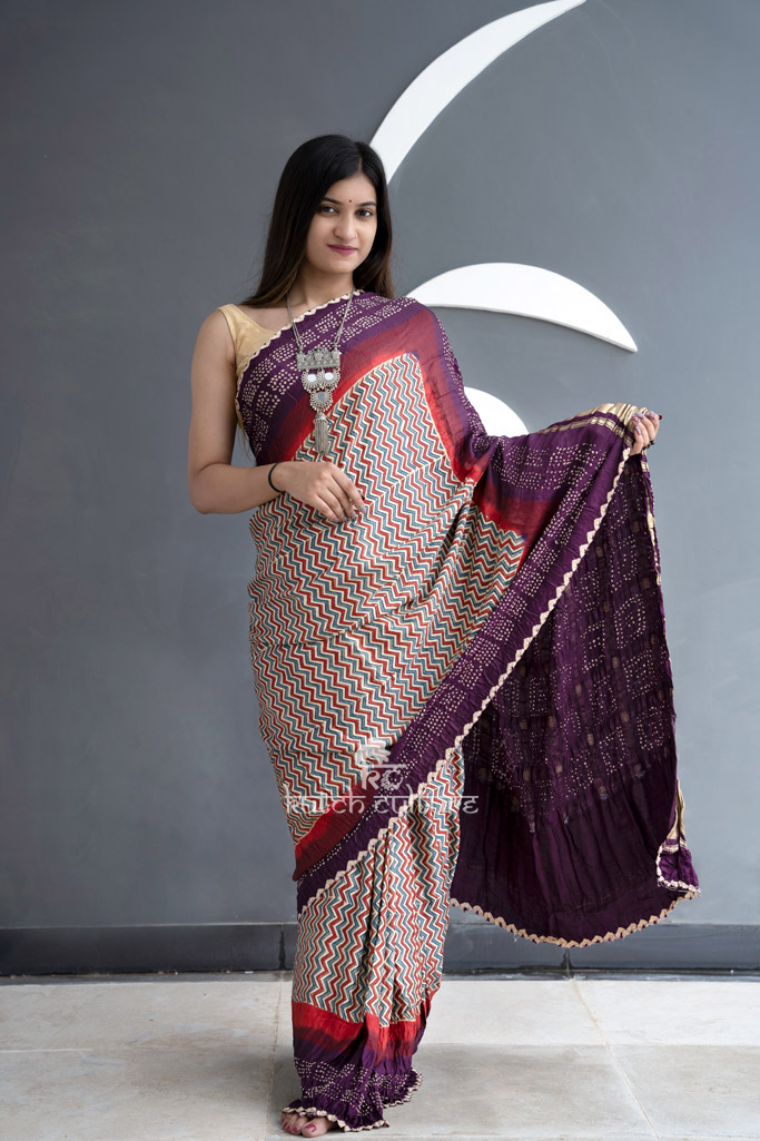 Beautiful gajji silk ajrakh bandhani saree