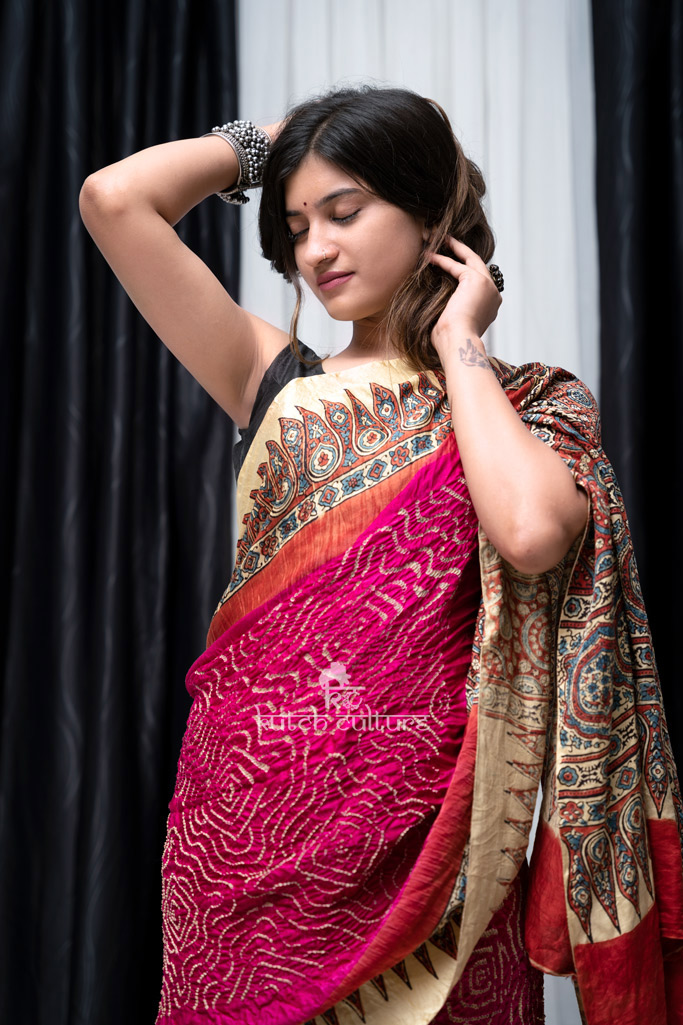 Rani pink gajji silk ajrakh bandhani saree