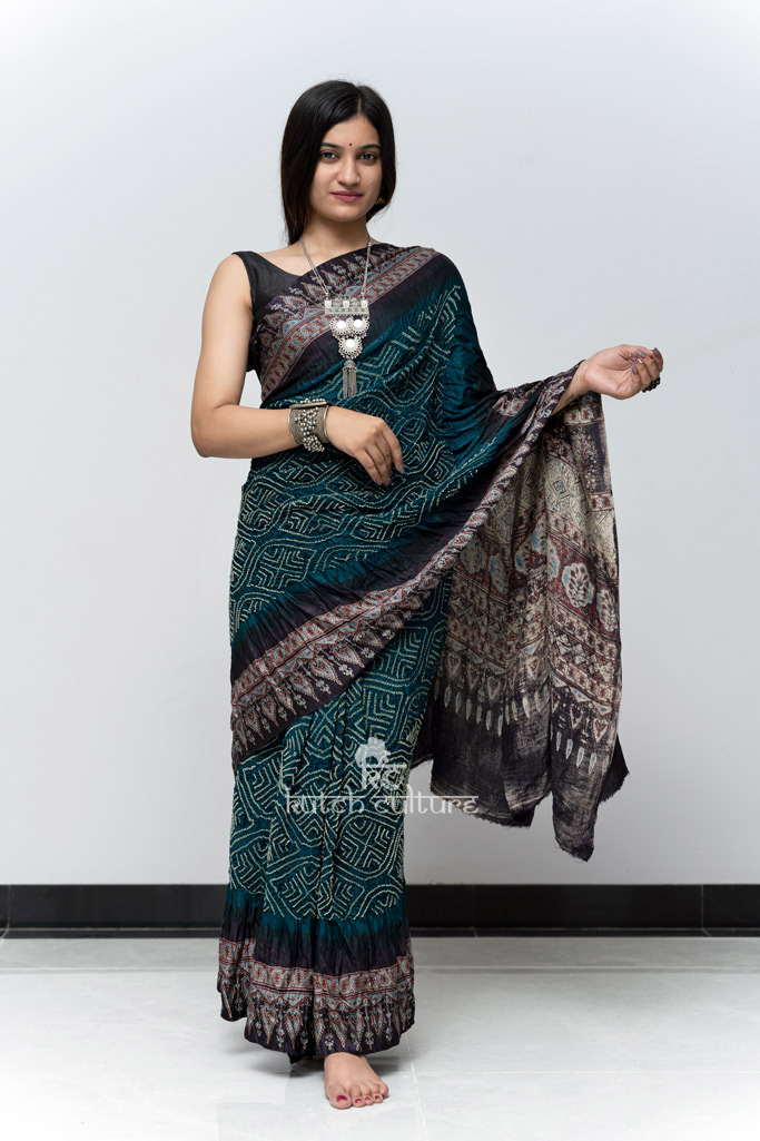 Women’s designer gajji silk ajrakh bandhani saree