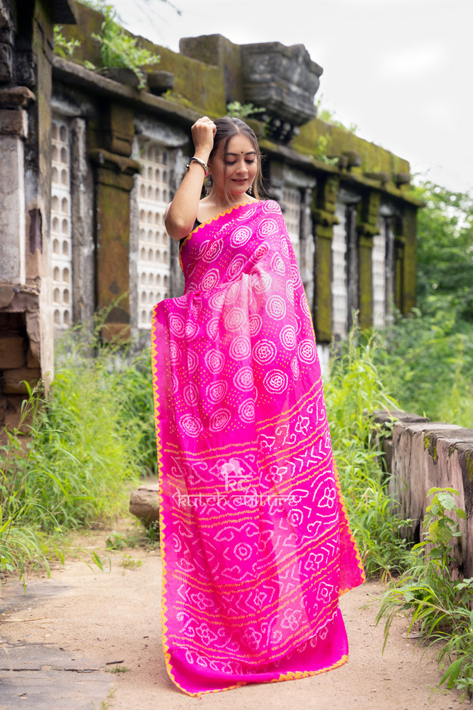 Rani pink muga silk shaded bandhani saree