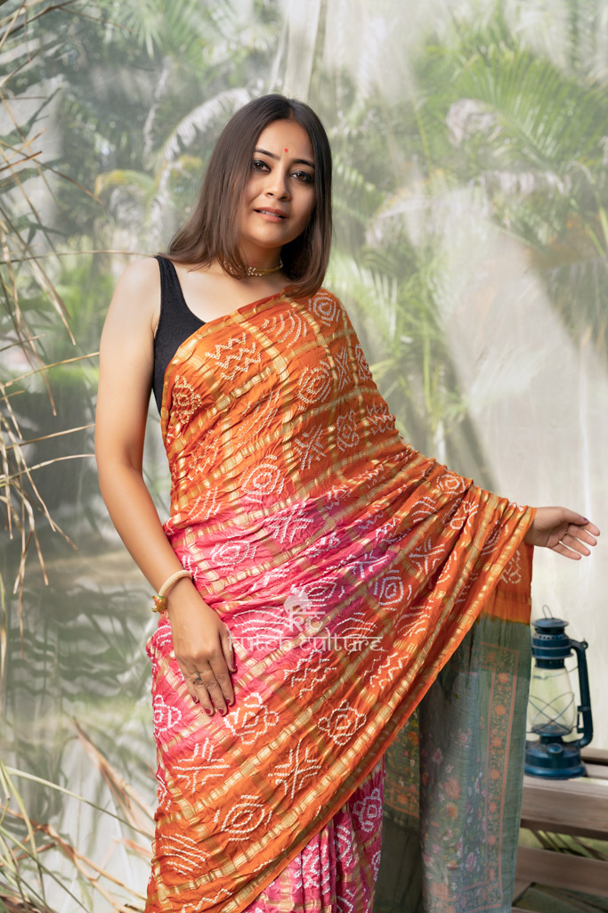 Orange and Pink gajji silk gharchola saree