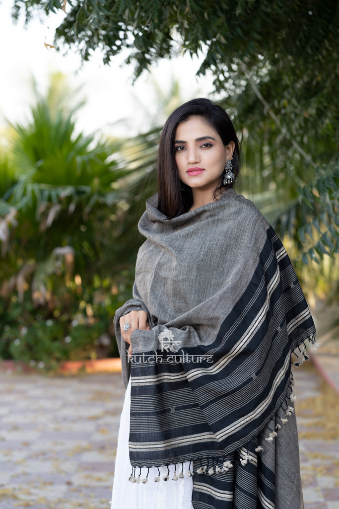 Grey and black tusser silk shawl