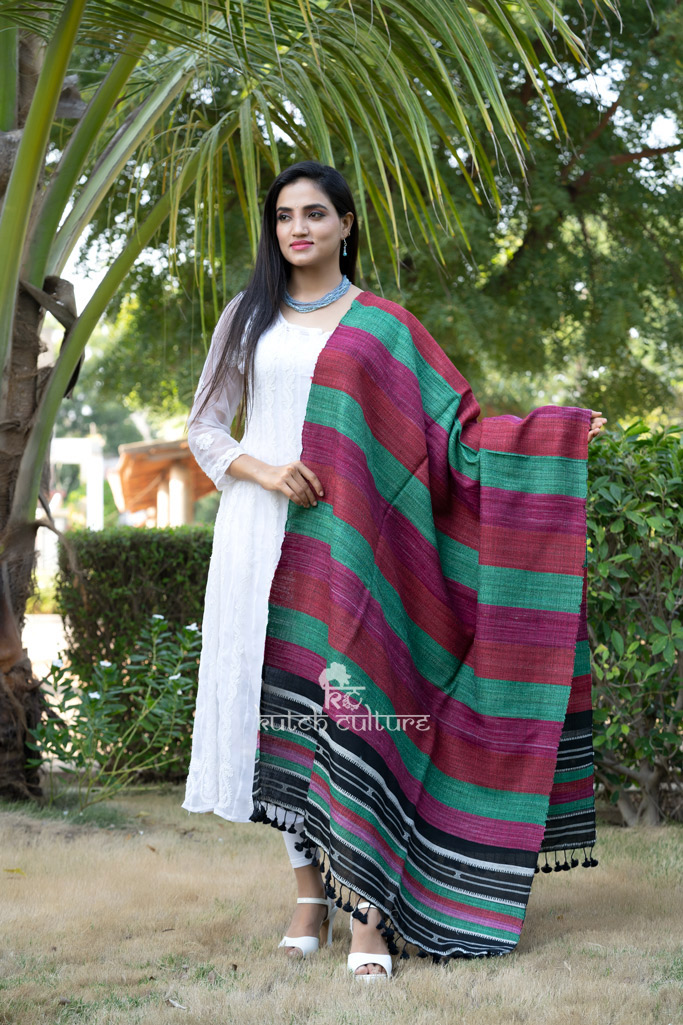 Pink and green multi strio tusser silk shawl