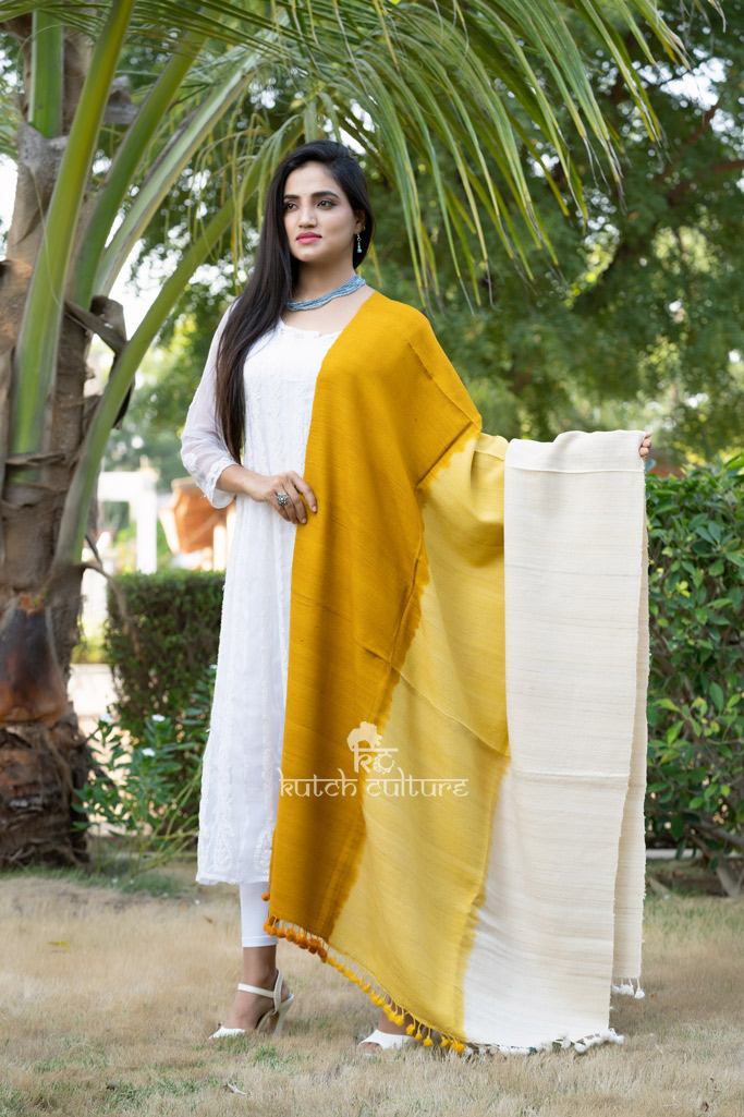 White and yellow hand weaving tusser silk shawl