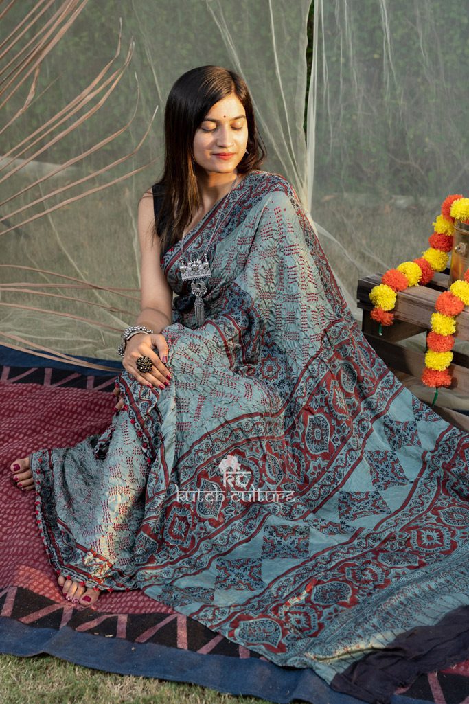 Designer gajji silk bandhej saree with ajrakh