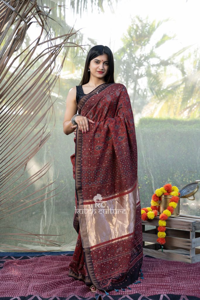 Chanderi Silk ajrakh hand block print saree with Lagdi patta