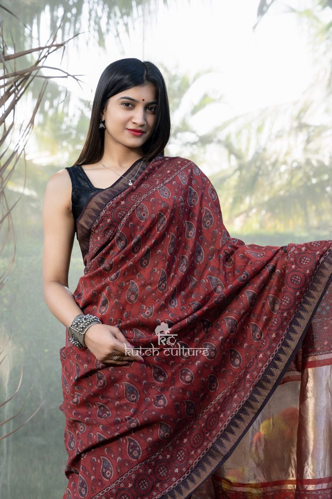 Chanderi Silk ajrakh hand block print saree with Lagdi patta
