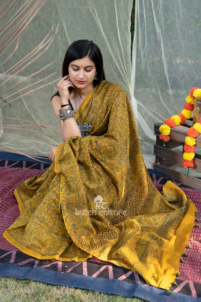 Yellow chanderi silk saree with ajrakh