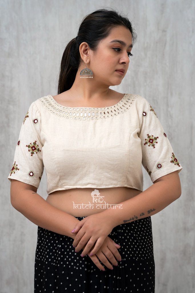 White khadi silk hand embroidery blouse