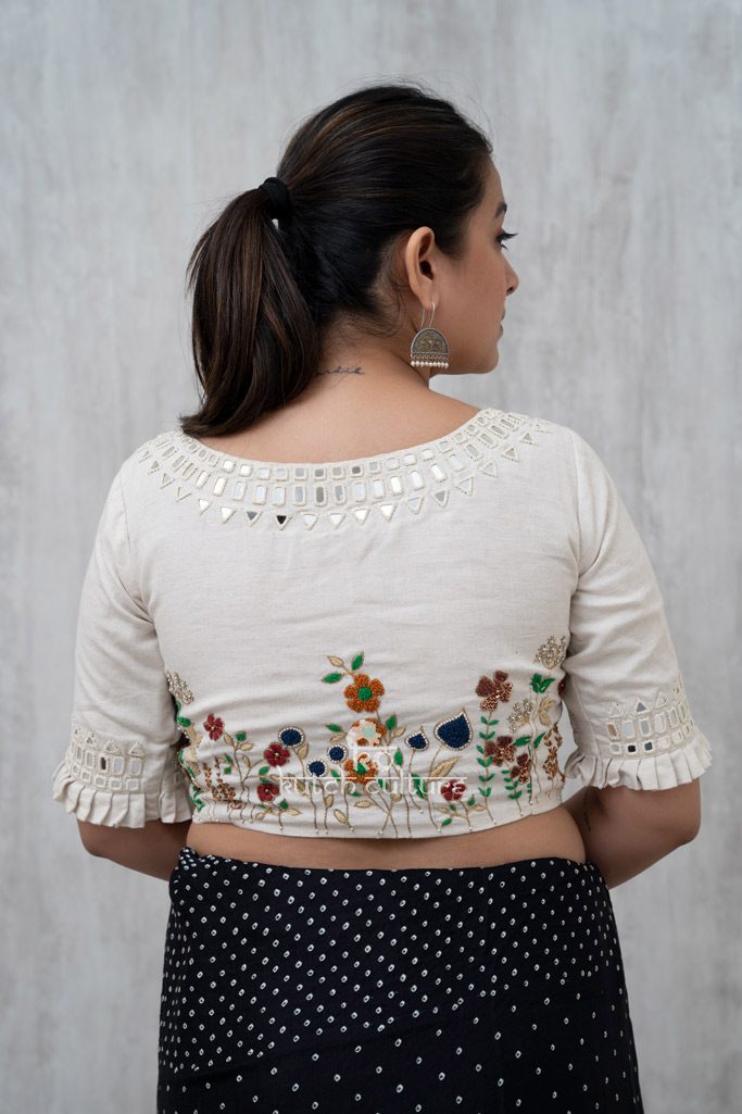 Khadi silk heavy embroidery blouse with mirror work