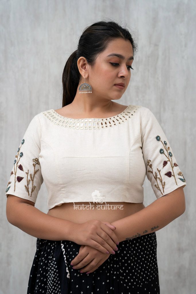 White hand embroidery with mirror work blouse