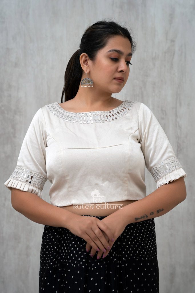 Mashru Silk White blouse with mirror work