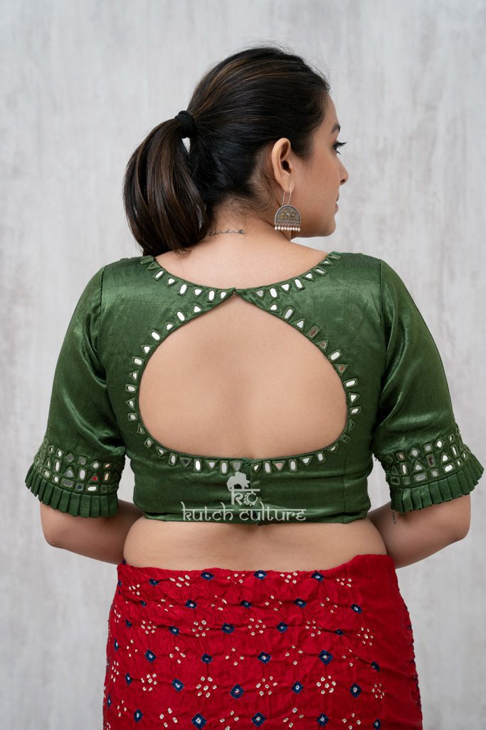 Green mushru silk blouse with mirror work